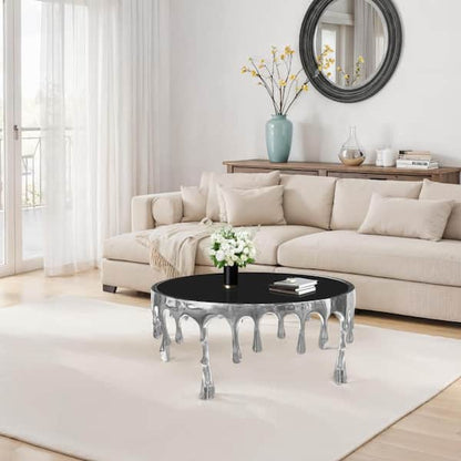 Capri Coffee Table | 36 Inch Round Glass Top | Melting Drip Design | Silver