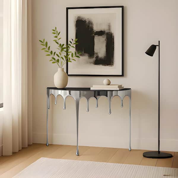 Capri Sofa Console Table | 36.25" Half Moon Glass Top | Melting Drip Design | Aluminum Cast | Silver