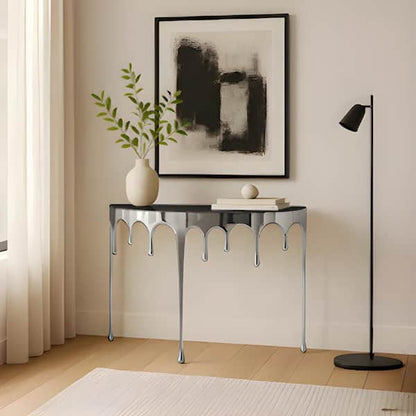 Capri Sofa Console Table | 36.25" Half Moon Glass Top | Melting Drip Design | Aluminum Cast | Silver