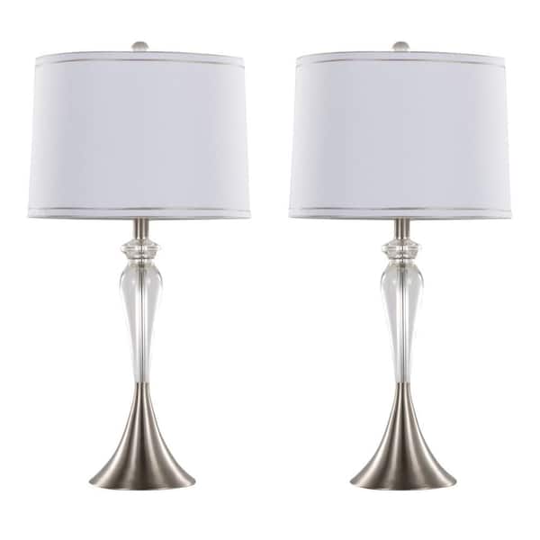 28 Inch Table Lamp Set of 2, Empire Fabric Shade, Modern Nickel Base