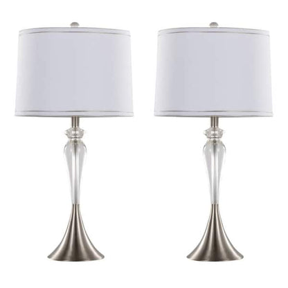 28 Inch Table Lamp Set of 2, Empire Fabric Shade, Modern Nickel Base