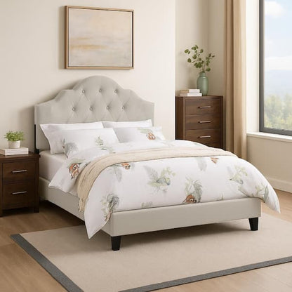 Eni Upholstered Queen Size Bed, Tufted Adjustable Headboard, Taupe Fabric