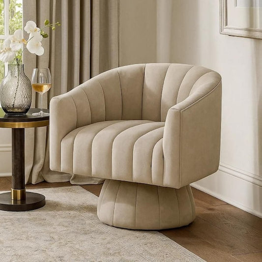 Rex Swivel Accent Chair, Barrel Channel Stitched Velvet, Taupe Brown
