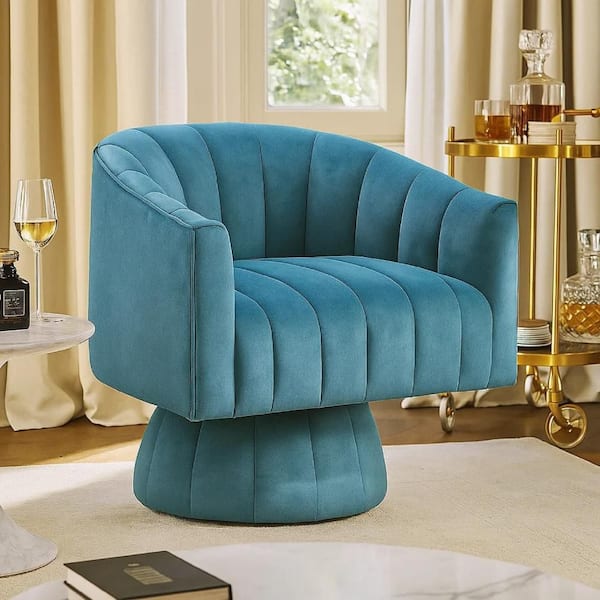Rex Swivel Accent Chair, Barrel Channel Stitched Velvet, Teal Blue