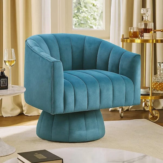 Rex Swivel Accent Chair, Barrel Channel Stitched Velvet, Teal Blue