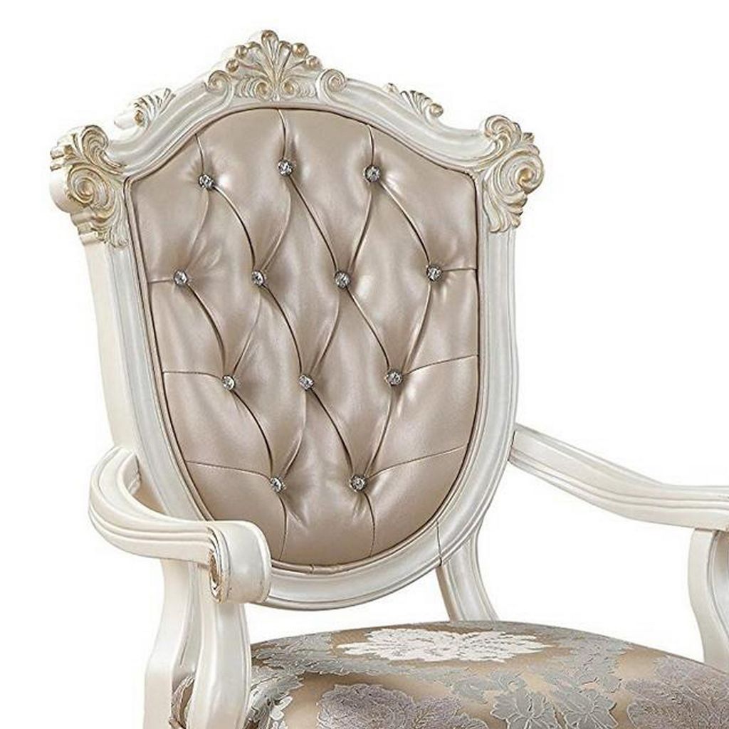 Wooden Arm Chair with Floral Patterned Padded Seat, Set of 2,White and Gold - View 5