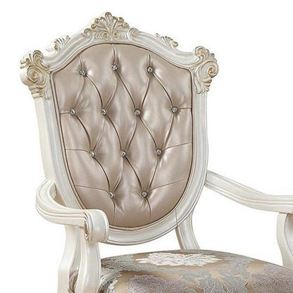 Wooden Arm Chair with Floral Patterned Padded Seat, Set of 2,White and Gold - View 5