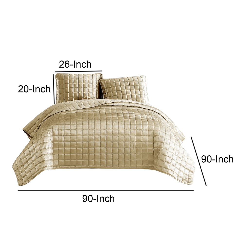 3 Piece Queen Size Coverlet Set with Stitched Square Pattern, Gold - View 6
