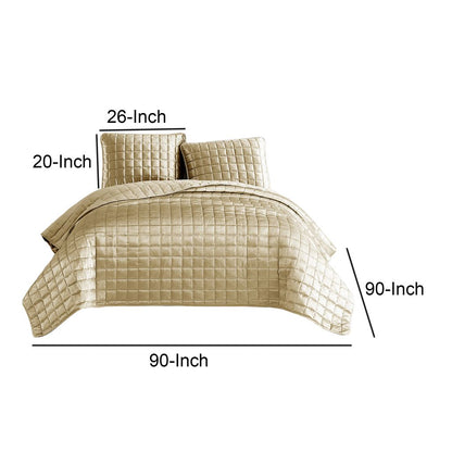3 Piece Queen Size Coverlet Set with Stitched Square Pattern, Gold - View 6