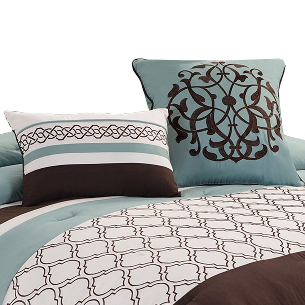 Quatrefoil King Size 8 Piece Fabric Comforter Set , Brown and Blue - View 4