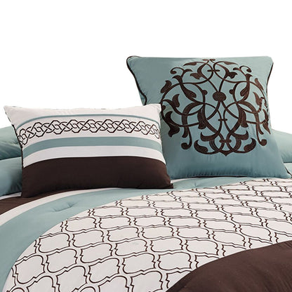 Quatrefoil King Size 8 Piece Fabric Comforter Set , Brown and Blue - View 4