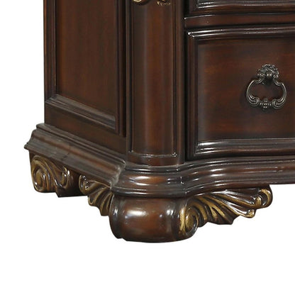 3 Drawer Nightstand with Carved Pilaster and Bracket Feet, Cherry Brown - View 4