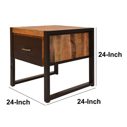 24 Inch Single Drawer Mango Wood Bedside Table, Iron Sled Style Base, Brown, Black - View 6