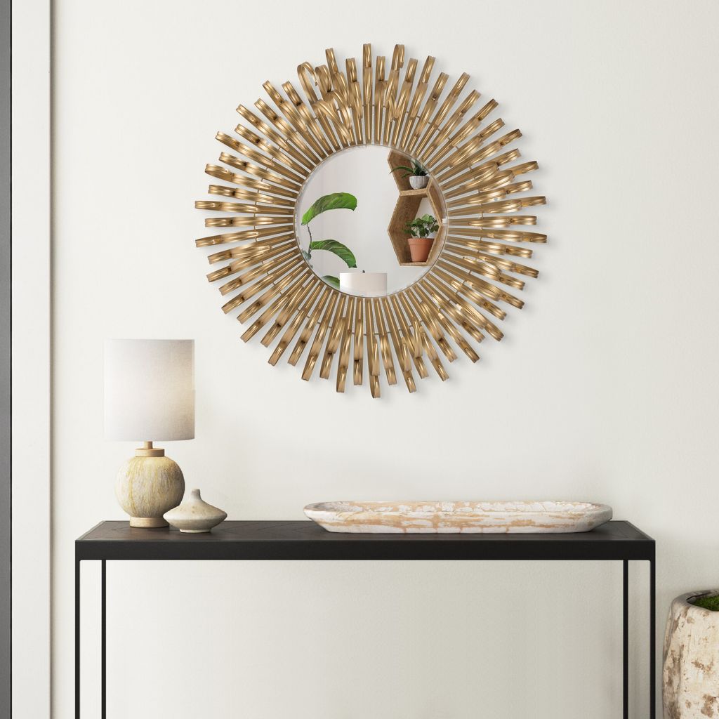 27 Inch Round Wall Mount Accent Decor Mirror, Sunburst, Iron Frame, Gold - View 6