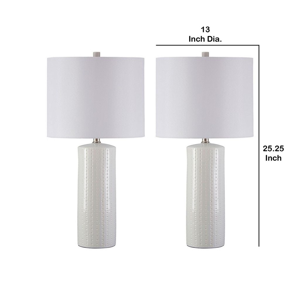 Carved Ceramic Base Table Lamp with Drum Shade, Set of 2, White - View 6
