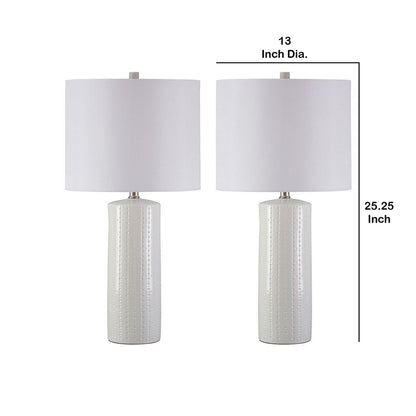 Carved Ceramic Base Table Lamp with Drum Shade, Set of 2, White - View 6