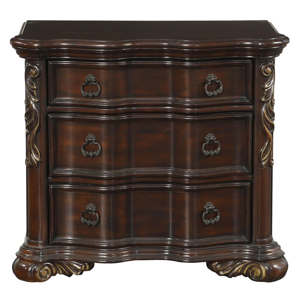 3 Drawer Nightstand with Carved Pilaster and Bracket Feet, Cherry Brown - View 2