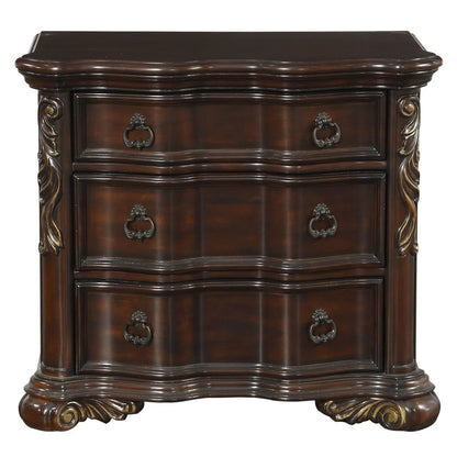 3 Drawer Nightstand with Carved Pilaster and Bracket Feet, Cherry Brown - View 2