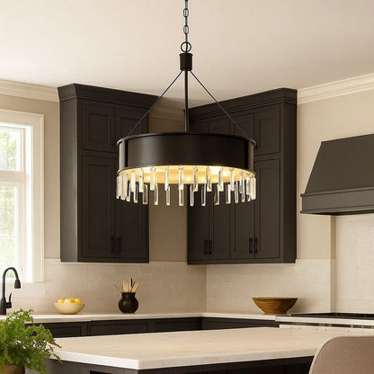 4 Bulb Round Metal Body Chandelier with Hanging Crystal Accents, Black - View 7