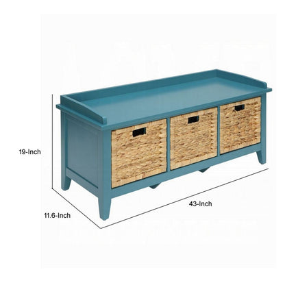 Rectangular Wooden Bench with Storage Basket, Blue - View 6