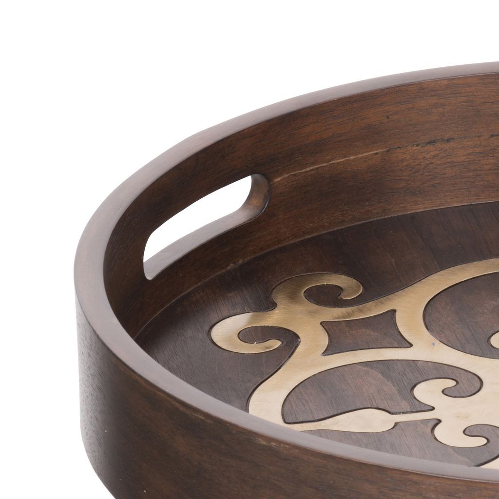 18 Inch Round Decorative Tray, Brass Inlaid Design and Brown Wood Frame - View 2