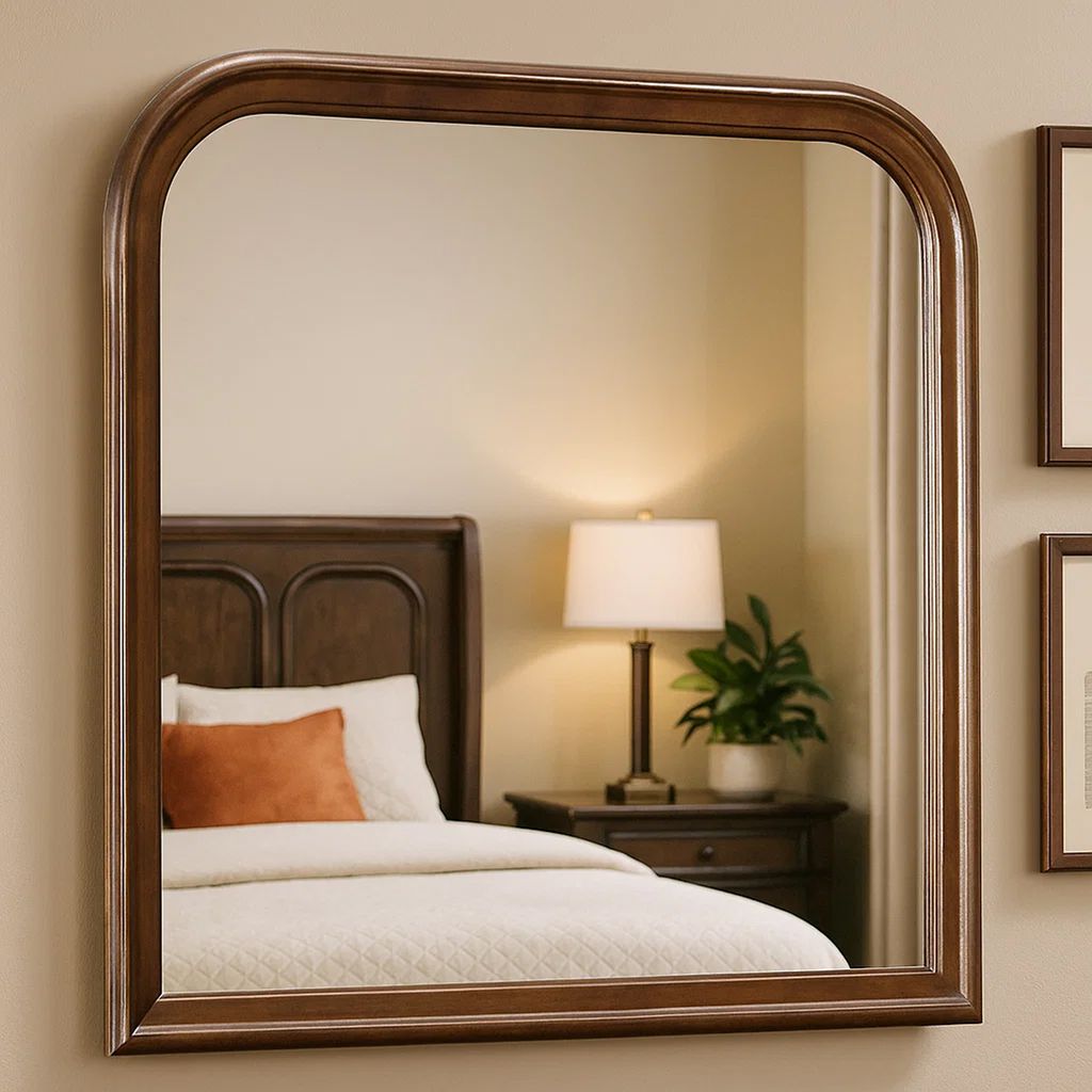 Arched Molded Design Wooden Frame Mirror, Cherry Brown and Silver - View 7