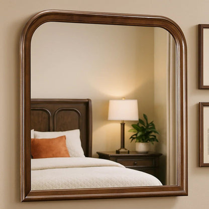 Arched Molded Design Wooden Frame Mirror, Cherry Brown and Silver - View 7