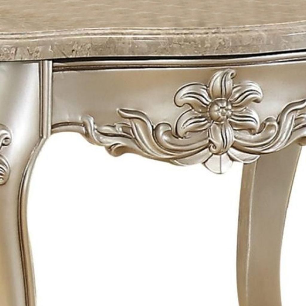 Marble Top End Table With Flower Motif Engraved Angular Wood Feet, Silver - View 4