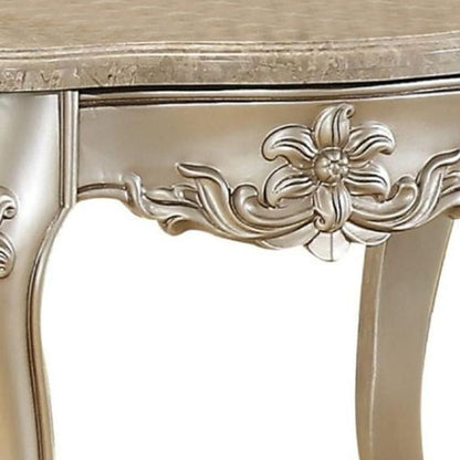 Marble Top End Table With Flower Motif Engraved Angular Wood Feet, Silver - View 4