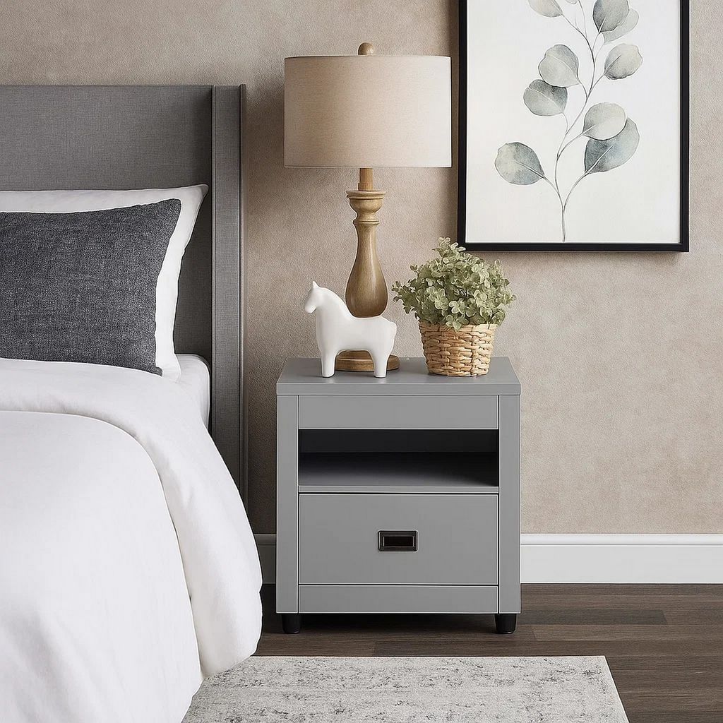 Transitional Style Wooden End Table with 1 Drawer, Gray and Black - View 7