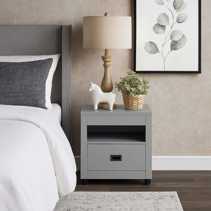 Transitional Style Wooden End Table with 1 Drawer, Gray and Black - View 7