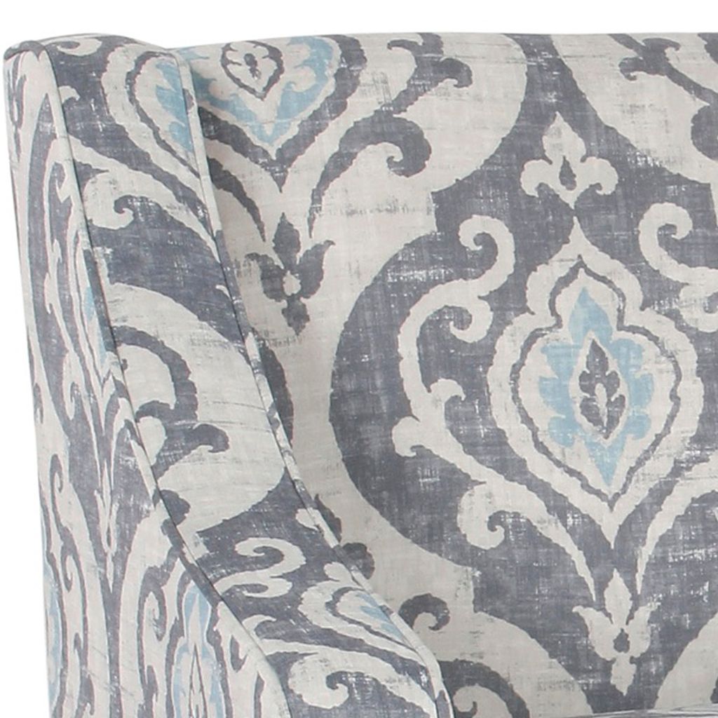Fabric Upholstered Wooden Accent Chair with Swooping Armrests and Damask Pattern Design, Multicolor - View 3