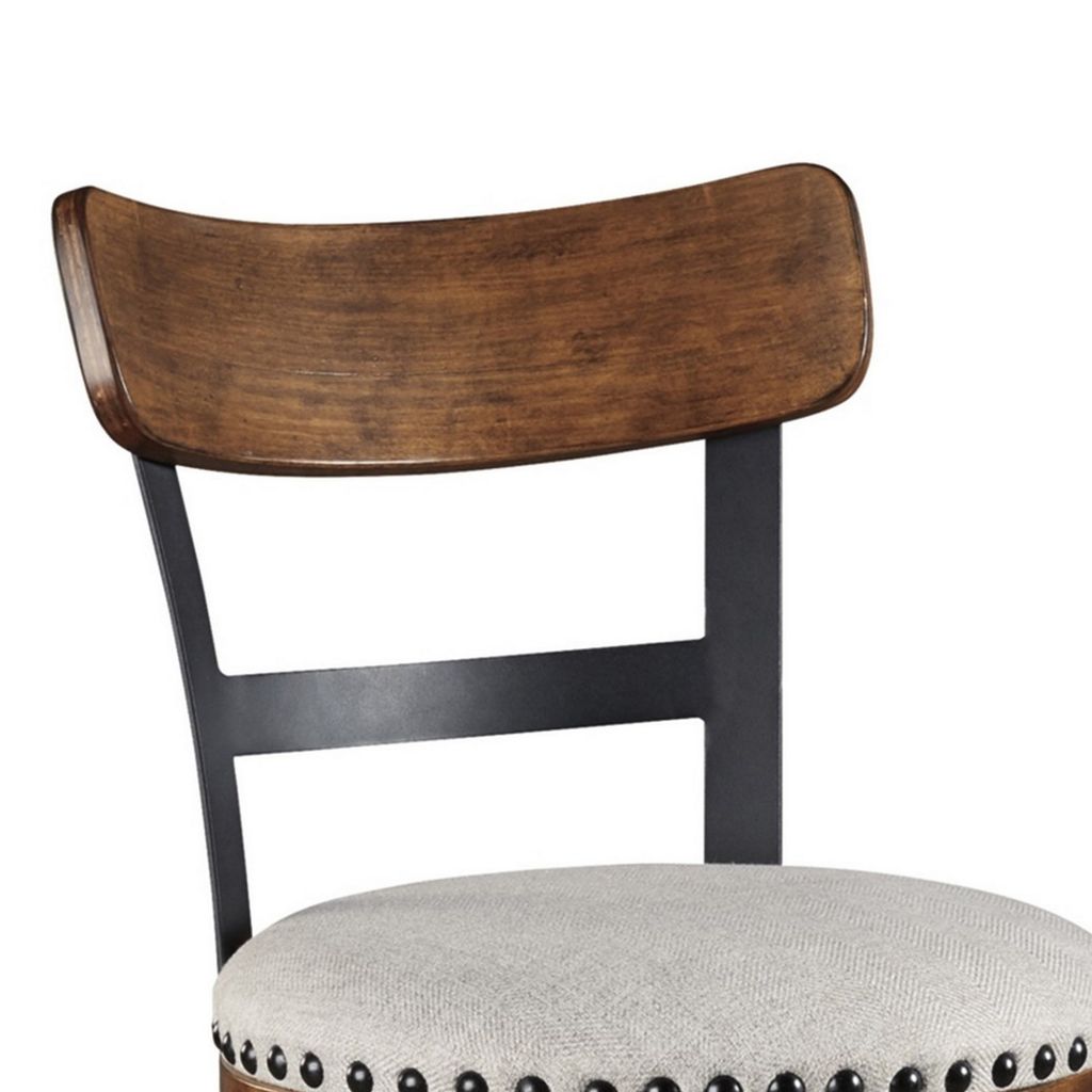 Zane 30 Inch Swivel Barstool, Round Cushioned Seat, Rich Brown Wood Frame - View 3