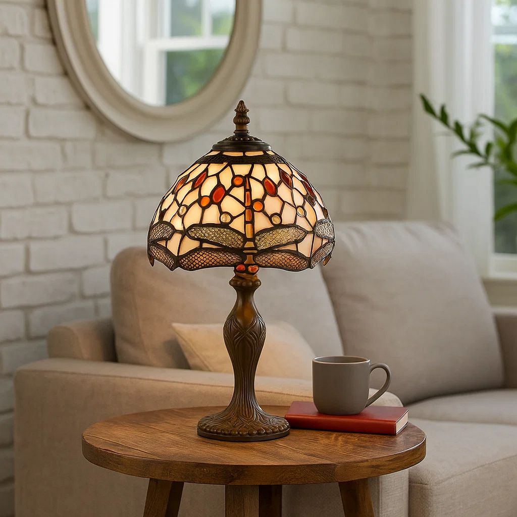 Metal Body Tiffany Table Lamp with Dragonfly Design Shade, Multicolor - View 7