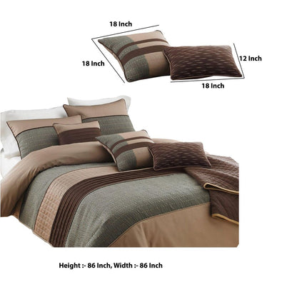 7 Piece Queen Comforter Set with Pleats and Texture, Gray and Brown - View 6