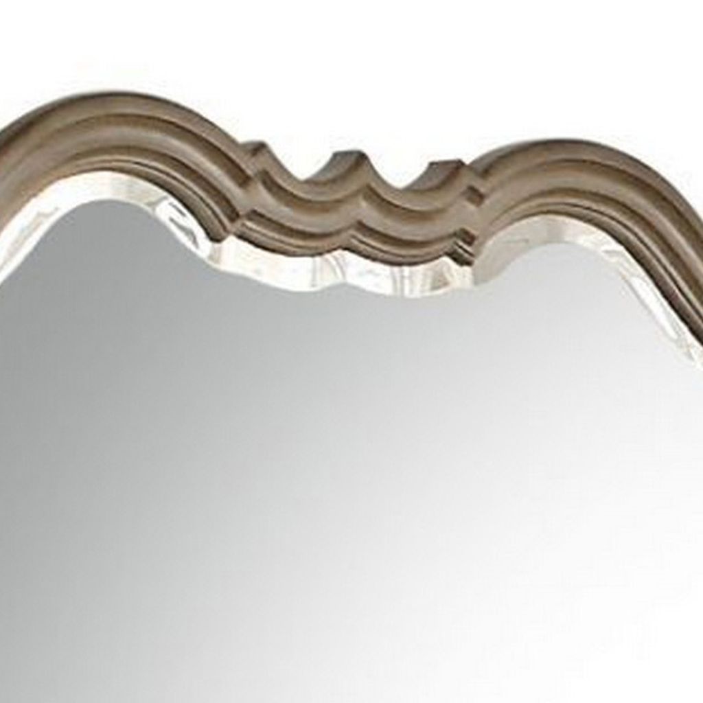 Wooden Molded Frame Mirror with Scalloped Design Top, Taupe Brown - View 4