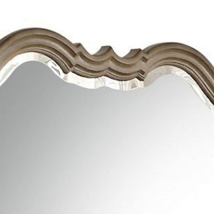 Wooden Molded Frame Mirror with Scalloped Design Top, Taupe Brown - View 4