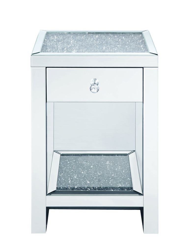 Mirrored Wooden Night Table with 1 Drawer and Bottom Shelf, Silver - View 3