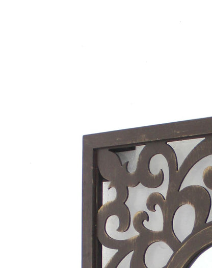 Set of 2 Wooden Frame Square Wall Mirror with Floral cut Out Design, Espresso - View 2