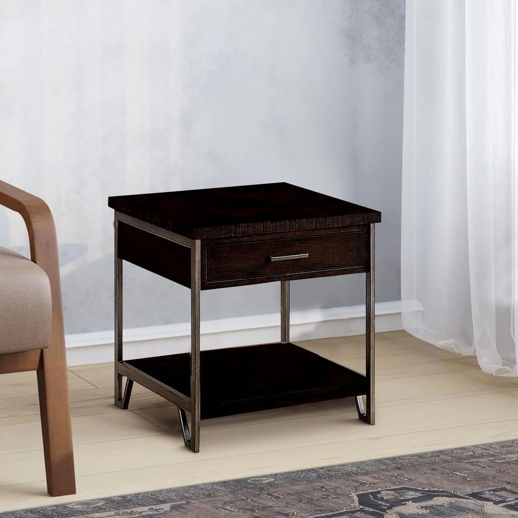 1 Drawer Wooden End Table with Metal Frame, Brown - View 7