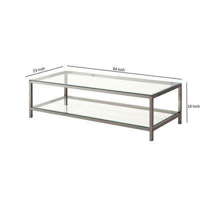 Glass Top Coffee Table with Metal Frame and Open Shelf, Silver - View 5