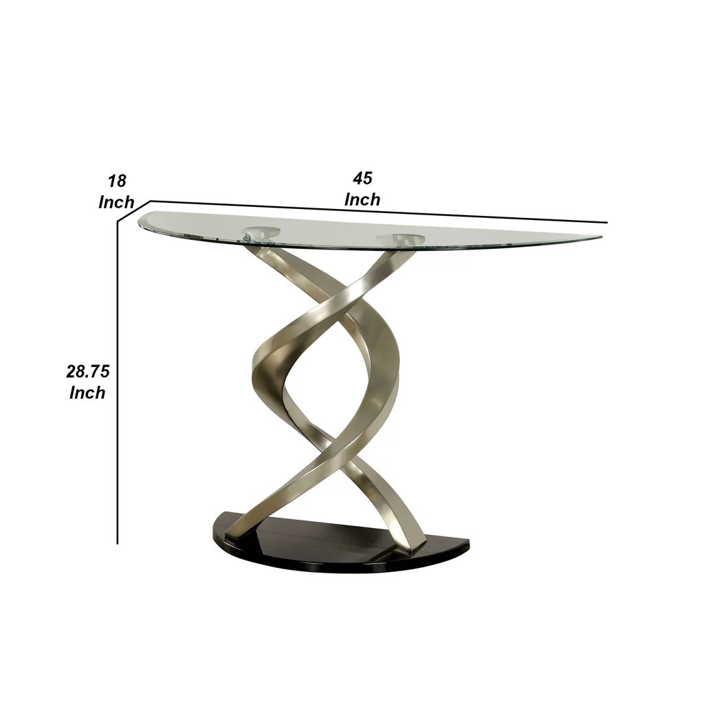 Sofa Table with Twisted Metal Base and Semi Circular Glass Top, Silver - View 6