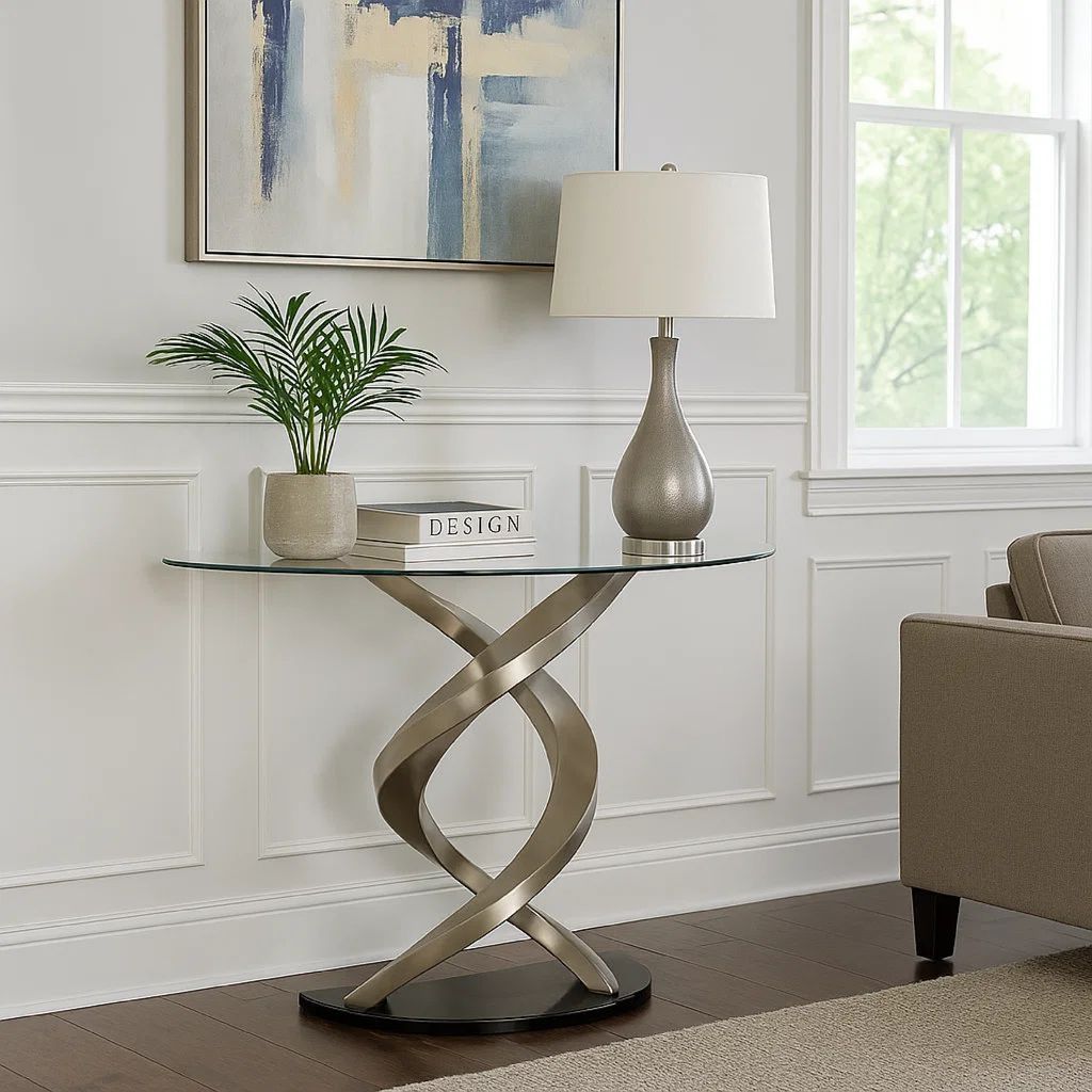 Sofa Table with Twisted Metal Base and Semi Circular Glass Top, Silver - View 7