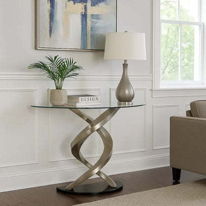 Sofa Table with Twisted Metal Base and Semi Circular Glass Top, Silver - View 7