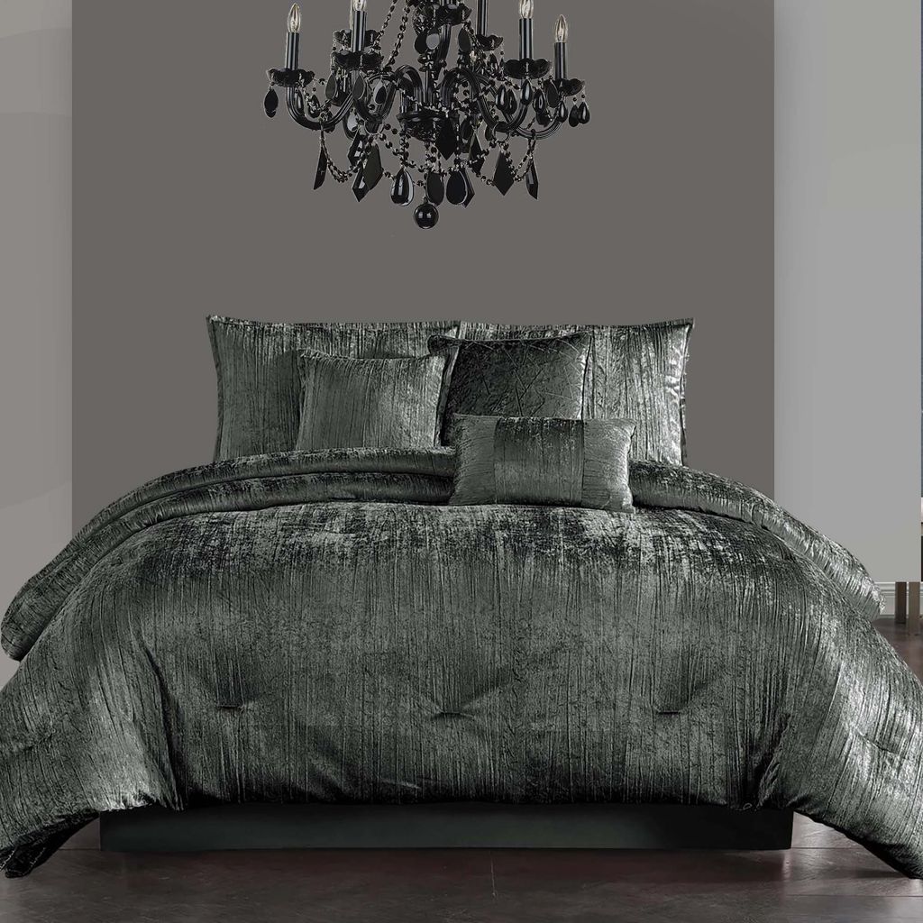 Jay 7 Piece King Comforter Set, Polyester Velvet, Deluxe Texture, Gray - View 7