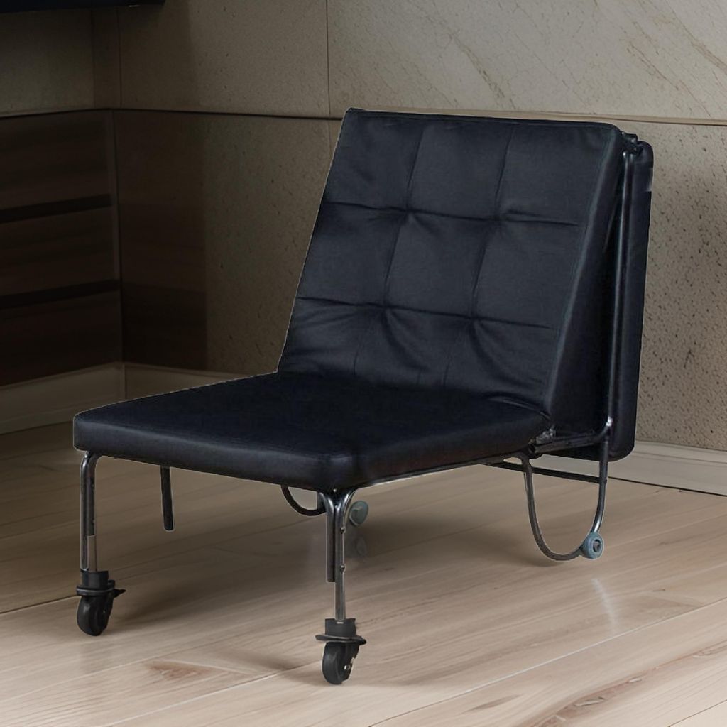 Adjustable Metal Futon with Faux Leather Upholstered Tufted Details and Casters, Black - View 7