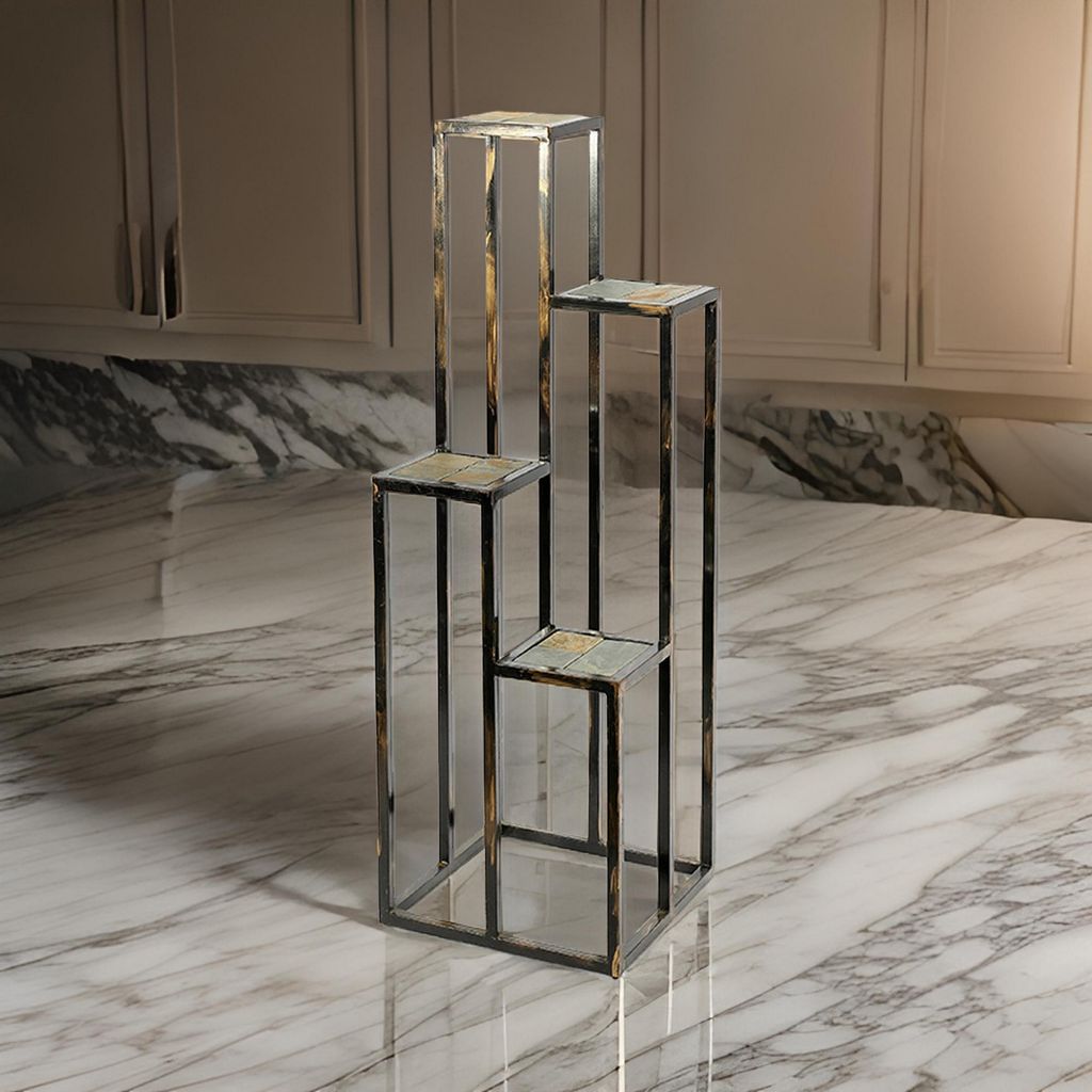 4 Tier Cast Iron Frame Plant Stand with Stone Topping, Black and Gold - View 7