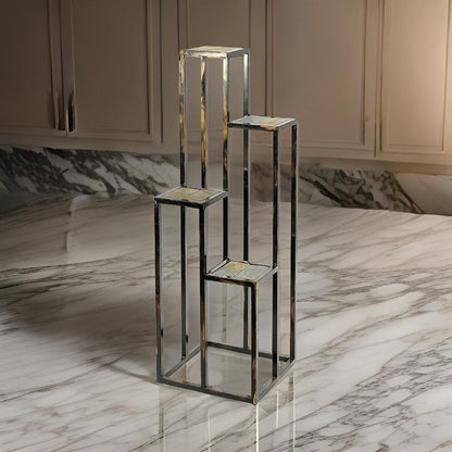 4 Tier Cast Iron Frame Plant Stand with Stone Topping, Black and Gold - View 7