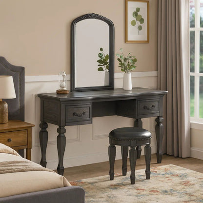 3 Piece Vanity Set with Carved Mirror and Turned Legs, Gray - View 7