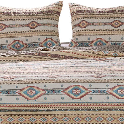 King Size 3 Piece Polyester Quilt Set with Kilim Pattern, Multicolor - View 3